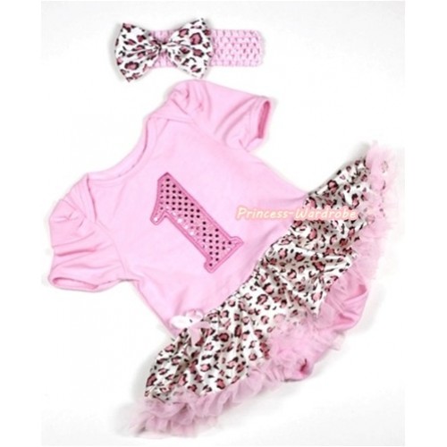 Light Pink Baby Jumpsuit Light Pink Leopard Pettiskirt With 1st Sparkle Light Pink Birthday Number Print With Light Pink Headband Light Pink Leopard Satin Bow JS262 