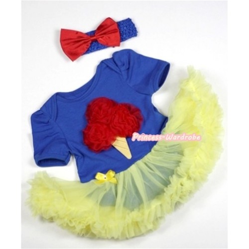Royal Blue Baby Jumpsuit Yellow Pettiskirt With Red Rosettes Ice Cream Print With Royal Blue Headband Red Satin Bow JS276 