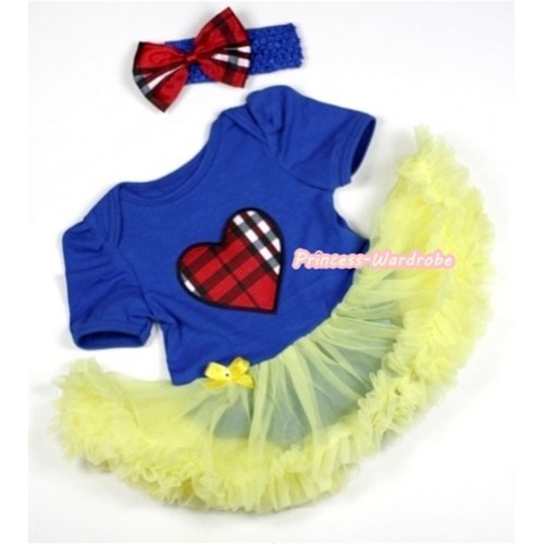 Royal Blue Baby Jumpsuit Yellow Pettiskirt With Red Black Checked Heart Print With Royal Blue Headband Red Black Checked Satin Bow JS281 