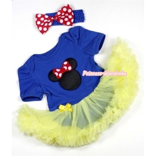 Royal Blue Baby Jumpsuit Yellow Pettiskirt With Minnie Print With Royal Blue Headband Minnie Dots Satin Bow JS282 