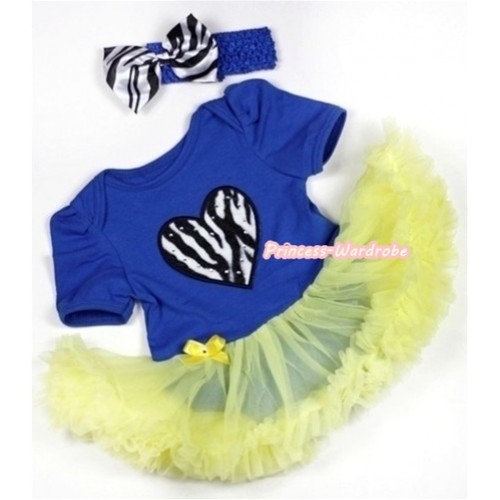 Royal Blue Baby Jumpsuit Yellow Pettiskirt With Zebra Heart Print With Royal Blue Headband Zebra Satin Bow JS283 