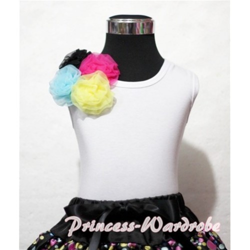White Tank Top with Bunch of Black Light Blue Hot Pink Yellow Rosettes TB133 