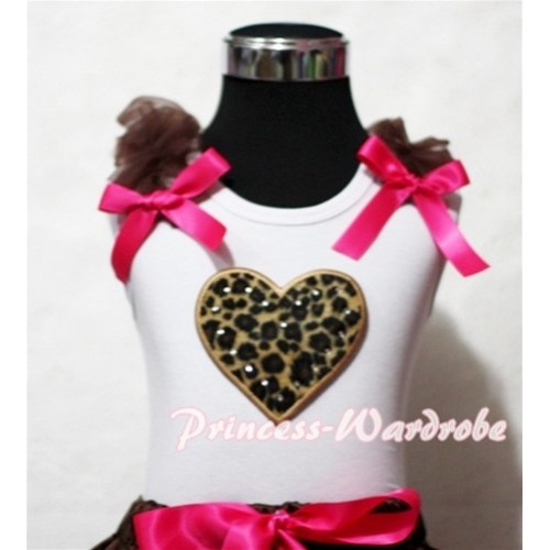 Leopard Sweet Heart White Tank Top with Brown Ruffles and Hot Pink Bows TB150 