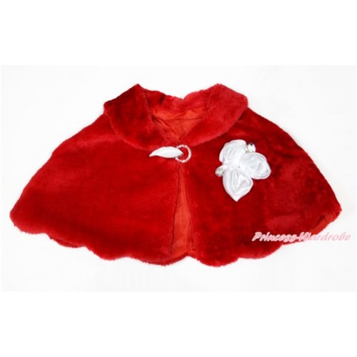 White Rosettes & Crystal with Hot Red Soft Fur Wedding Flower Girl Shawl Coat SH52 