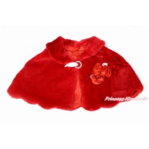 Red Rosettes & Crystal with Hot Red Soft Fur Wedding Flower Girl Shawl Coat SH53 