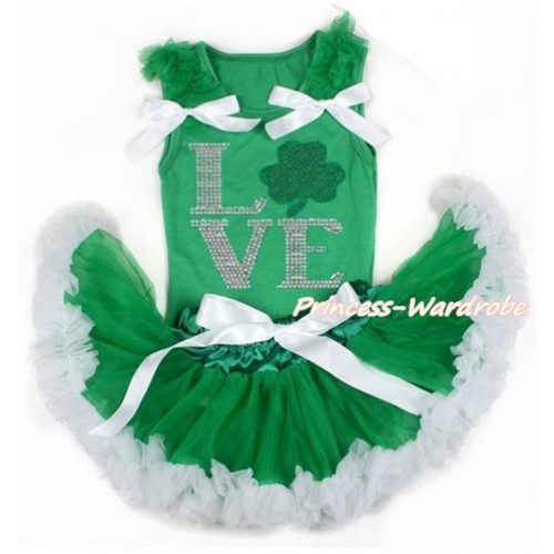 St Patrick's Day Kelly Green Baby Pettitop with Kelly Green Ruffles & White Bows with Sparkle Crystal Bling Rhinestone Love Clover Print with Kelly Green White Newborn Pettiskirt BG122 