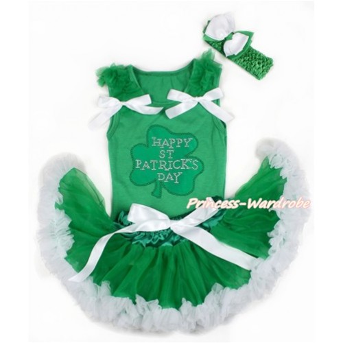 St Patrick's Day Kelly Green Baby Pettitop with Kelly Green Ruffles & White Bows with Sparkle Crystal Bling Rhinestone Clover Print & Kelly Green White Newborn Pettiskirt With Kelly Green Headband White Kelly Green Ribbon Bow BG123 