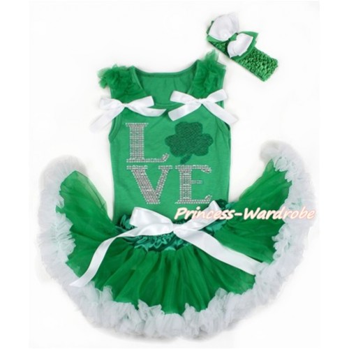 St Patrick's Day Kelly Green Baby Pettitop with Kelly Green Ruffles & White Bows with Sparkle Crystal Bling Rhinestone Love Clover Print & Kelly Green White Newborn Pettiskirt With Kelly Green Headband White Kelly Green Ribbon Bow BG124 