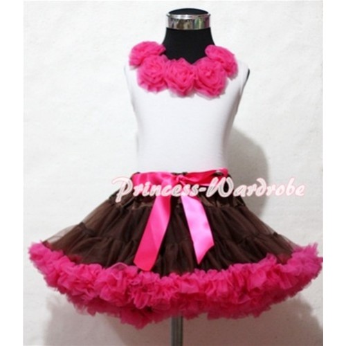 White Tank Tops with Hot Pink Rosettes & Brown Hot Pink Pettiskirt MG22 