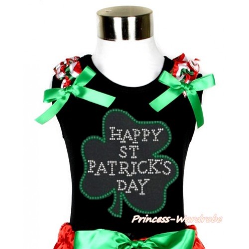 St Patrick's Day Black Tank Top With Red White Green Wave Ruffles & Kelly Green Bow With Sparkle Crystal Bling Rhinestone Clover Print TB677 