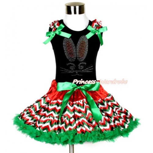 Easter Black Tank Top with Red White Green Wave Ruffles & Kelly Green Bow with Sparkle Crystal Bling Rhinestone Bunny Rabbit Print & Red White Green Wave Pettiskirt MG1069 