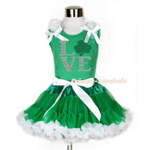 St Patrick's Day Kelly Green Tank Top with White Ruffles & White Bow with Sparkle Crystal Bling Rhinestone Love Clover Print & Kelly Green White Pettiskirt MH160 