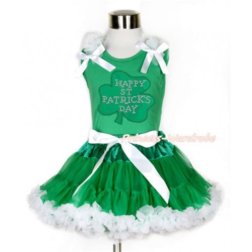 St Patrick's Day Kelly Green Tank Top with White Ruffles & White Bow with Sparkle Crystal Bling Rhinestone Clover Print & Kelly Green White Pettiskirt MH161 