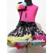 Black Rainbow Polka Dot  Pettiskirt with Bunch of Black Yellow Light Blue Hot Pink Rosettes& Black Bow Hot Pink Tank Top MH32 