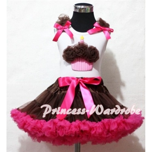 Brown Hot Pink Pettiskirt With Brown Rosettes Birthday Cake White Tank Top and Brown Ruffles Hot Pink Bows ML31 