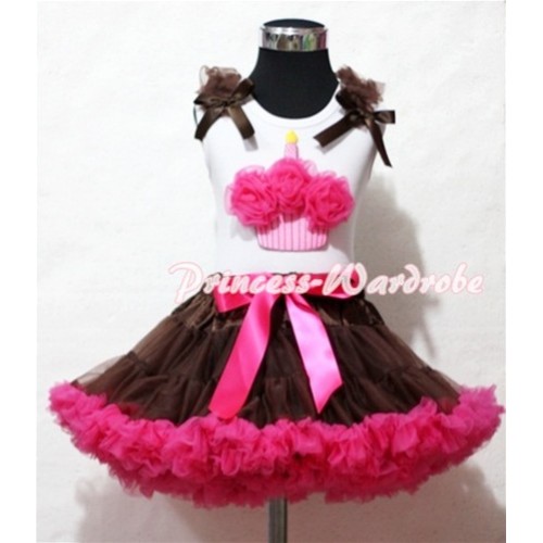 Brown Hot Pink Pettiskirt With Hot Pink Rosettes Birthday Cake White Tank Top and Brown Ruffles Brown Bows ML33 