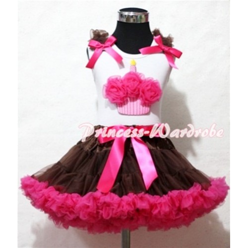 Brown Hot Pink Pettiskirt With Hot Pink Rosettes Birthday Cake White Tank Top and Brown Ruffles Hot Pink Bows ML35 