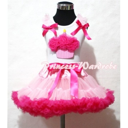 Light Hot Pink Pettiskirt With Hot Pink Rosettes Birthday Cake White Tank Top and Light Pink Ruffles Hot Pink Bows ML36 