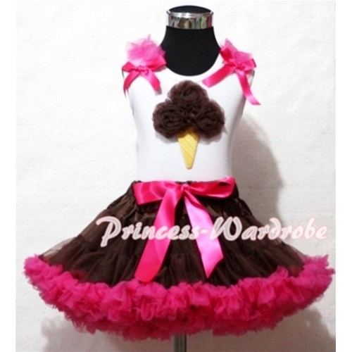 Brown Hot Pink Pettiskirt With Brown Ice Cream White Tank Top and Hot Pink Ruffles Hot Pink Bows ML41 