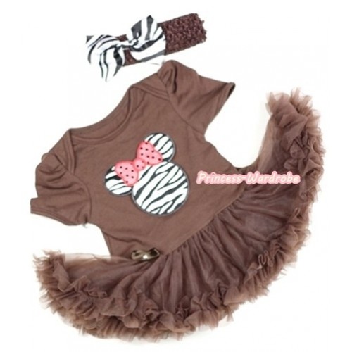 Brown Baby Jumpsuit Brown Pettiskirt With Zebra Minnie Print With Brown Headband Zebra Satin Bow JS286 