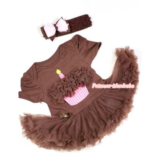 Brown Baby Jumpsuit Brown Pettiskirt With Brown Rosettes Birthday Cake Print With Brown Headband Light Pink Brown Ribbon Bow JS289 