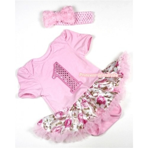 Light Pink Baby Jumpsuit Light Pink Rose Fusion Pettiskirt With 1st Sparkle Light Pink Birthday Number Print With Light Pink Headband Light Pink Romantic Rose Bow JS291 