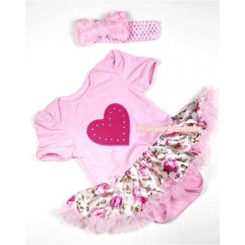 Light Pink Baby Jumpsuit Light Pink Rose Fusion Pettiskirt With Hot Pink Heart Print With Light Pink Headband Light Pink Romantic Rose Bow JS292 