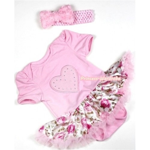 Light Pink Baby Jumpsuit Light Pink Rose Fusion Pettiskirt With Light Pink Heart Print With Light Pink Headband Light Pink Romantic Rose Bow JS293 