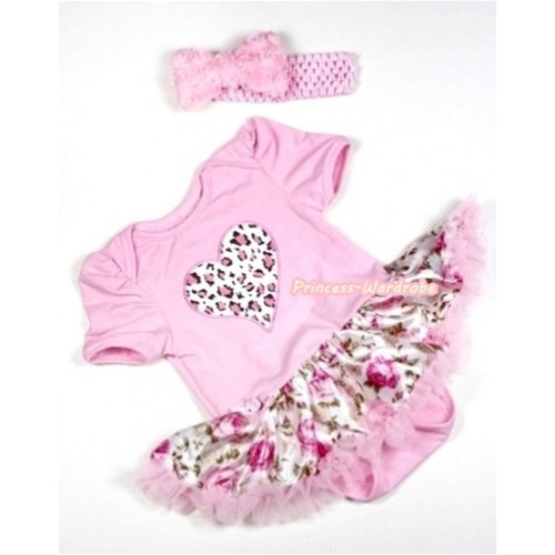 Light Pink Baby Jumpsuit Light Pink Rose Fusion Pettiskirt With Ligh Pink Leopard Heart Print With Light Pink Headband Light Pink Romantic Rose Bow JS297 