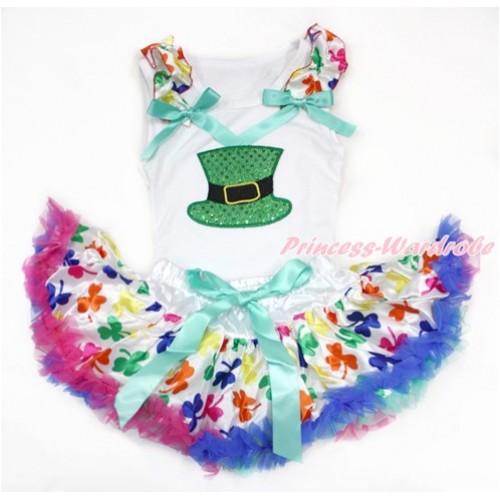 White Baby Pettitop with Rainbow Clover Ruffles & Aqua Blue Bows with Sparkle Kelly Green Hat Print with Rainbow Clover Newborn Pettiskirt NN175 