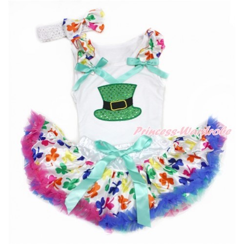 White Baby Pettitop with Rainbow Clover Ruffles & Aqua Blue Bows with Sparkle Kelly Green Hat Print & Rainbow Clover Newborn Pettiskirt With White Headband Rainbow Clover Satin Bow NG1423 