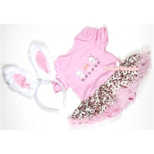 Light Pink Baby Jumpsuit Light Pink Leoaprd Pettiskirt With Bunny Rabbit Egg Print With White Rabbit Headband JS300 