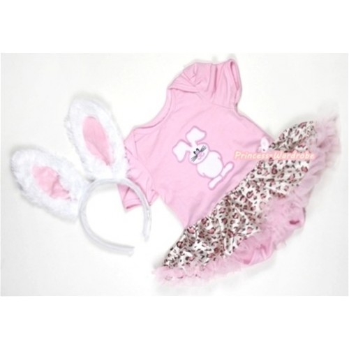 Light Pink Baby Jumpsuit Light Pink Leoaprd Pettiskirt With Bunny Rabbit Print With White Rabbit Headband JS302 