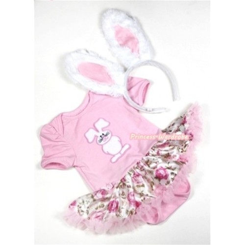Light Pink Baby Jumpsuit Light Pink Rose Fusion Pettiskirt With Bunny Rabbit Print With White Rabbit Headband JS312 