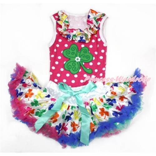 St Patrick's Day Hot Pink White Dots Baby Pettitop with Rainbow Clover Satin Lacing with Clover Print with Rainbow Clover Newborn Pettiskirt NP052 