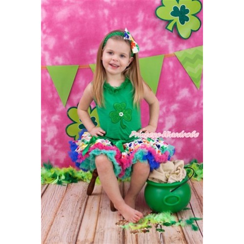 St Patrick's Day Kelly Green Tank Top With Kelly Green Chiffon Lacing With Clover Print with Rainbow Clover Pettiskirt MH162 