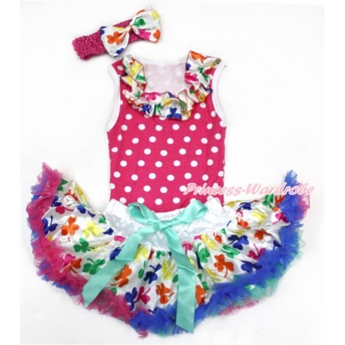 St Patrick's Day Hot Pink White Dots Baby Pettitop & Rainbow Clover Satin Lacing with Rainbow Clover Newborn Pettiskirt With Hot Pink Headband Rainbow Clover Satin Bow NP055 