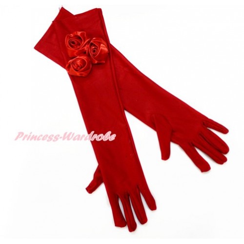 Red Wedding Elbow Length Princess Costume Long Satin Dress Gloves with Red Rosettes C221 