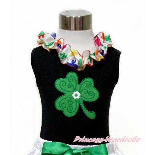 St Patrick's Day Black Tank Top With Rainbow Clover Satin Lacing With Clover Print TB681 