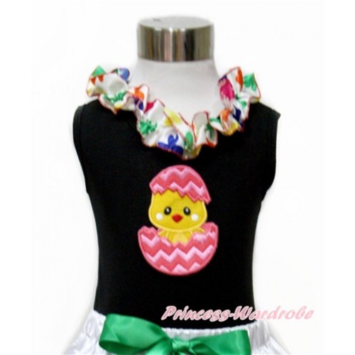 Easter Black Tank Top With Rainbow Clover Satin Lacing With Chick Egg Print TB684 
