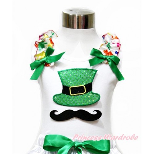 White Tank Top With Rainbow Clover Ruffles & Kelly Green Bow With Mustache Sparkle Kelly Green Hat Print TB687 