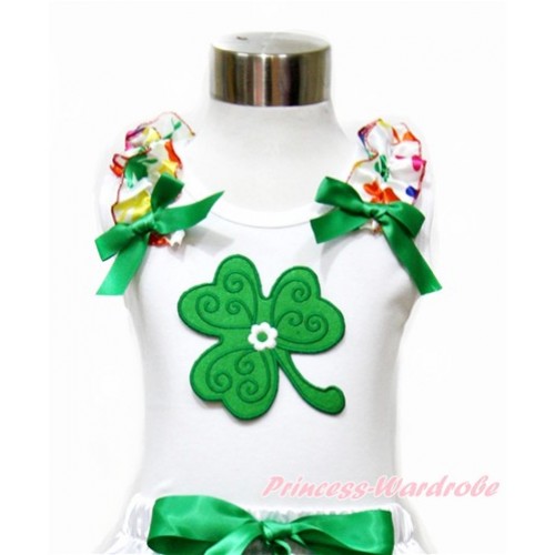 St Patrick's Day White Tank Top With Rainbow Clover Ruffles & Kelly Green Bow With Clover Print TB688 
