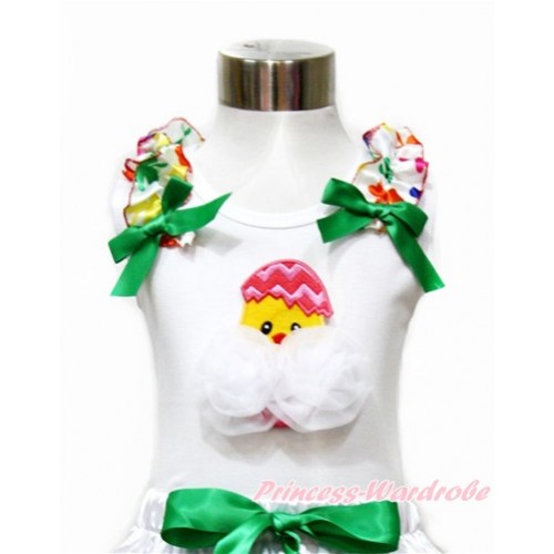 Easter White Tank Top With Rainbow Clover Ruffles & Kelly Green Bow With 3D White Rose Chick Egg Print TB690 