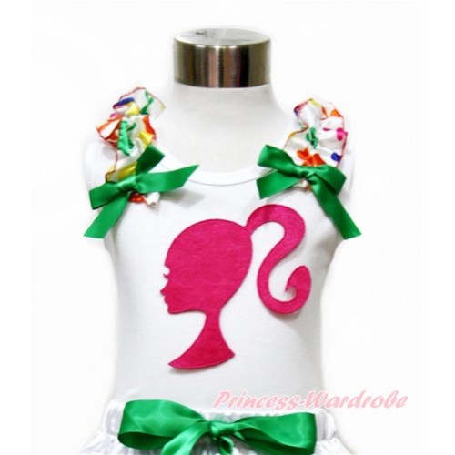 White Tank Top With Rainbow Clover Ruffles & Kelly Green Bow With Hot Pink Barbie Princess Print TB692 