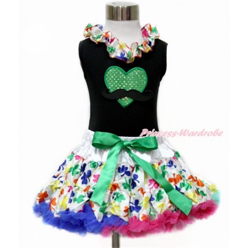Valentine's Day Black Tank Top with Rainbow Clover Satin Lacing with Mustache Sparkle Kelly Green Heart Print & Rainbow Clover Pettiskirt MG1073 