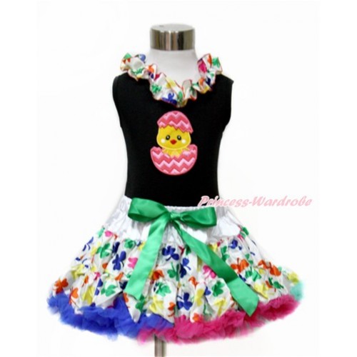 Easter Black Tank Top with Rainbow Clover Satin Lacing with Chick Egg Print & Rainbow Clover Pettiskirt MG1074 