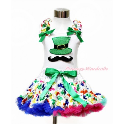 White Tank Top with Rainbow Clover Ruffles & Kelly Green Bow with Mustache Sparkle Kelly Green Hat Print & Rainbow Clover Pettiskirt MG1077 