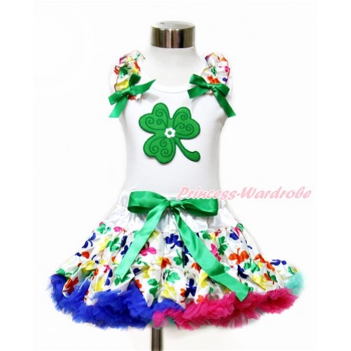St Patrick's Day White Tank Top with Rainbow Clover Ruffles & Kelly Green Bow with Clover Print & Rainbow Clover Pettiskirt MG1078 
