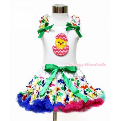 Easter White Tank Top with Rainbow Clover Ruffles & Kelly Green Bow with Chick Egg Print & Rainbow Clover Pettiskirt MG1079 