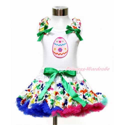 Easter White Tank Top with Rainbow Clover Ruffles & Kelly Green Bow with Easter Egg Print & Rainbow Clover Pettiskirt MG1081 